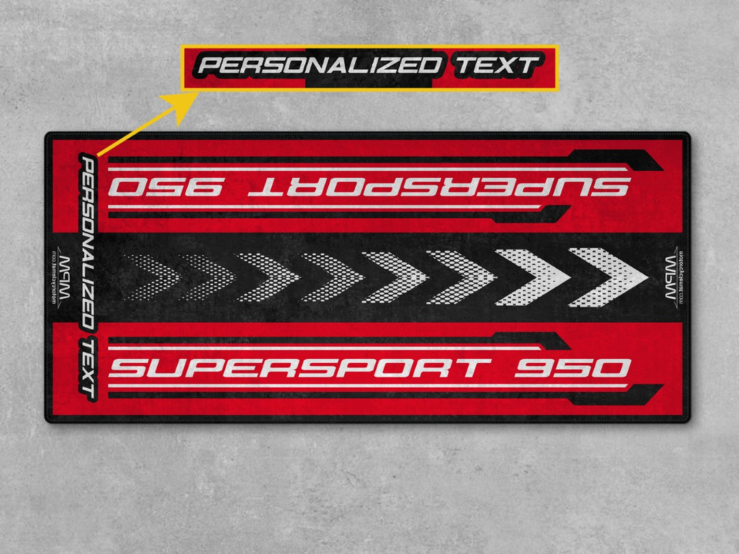 Custom pit rug for Ducati Supersport 950. Perfect gift for Supersport owners, tailored to highlight your parts layout and enhance superbike garage aesthetics.
