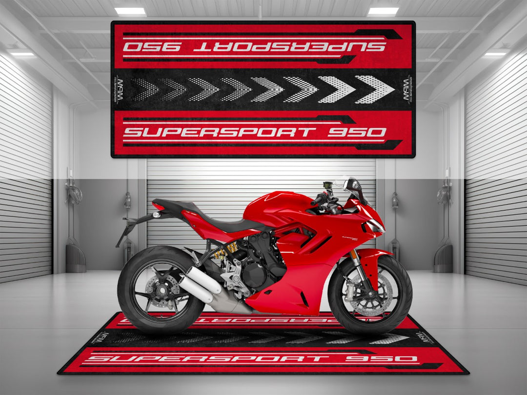 Ducati Supersport 950 garage mat in red. Designed for garage mat display, parking mat practicality, and floor cover efficiency in any bike zone.