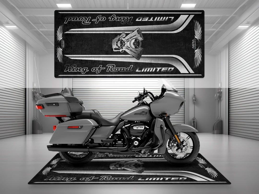 Harley-Davidson Road Glide Limited in Billiard Gray. Non-slip parking mat and garage floor protector. Ideal gift or display mat for Harley riders.