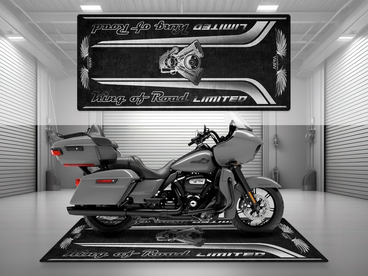 Harley-Davidson Road Glide Limited in Billiard Gray. Non-slip parking mat and garage floor protector. Ideal gift or display mat for Harley riders.