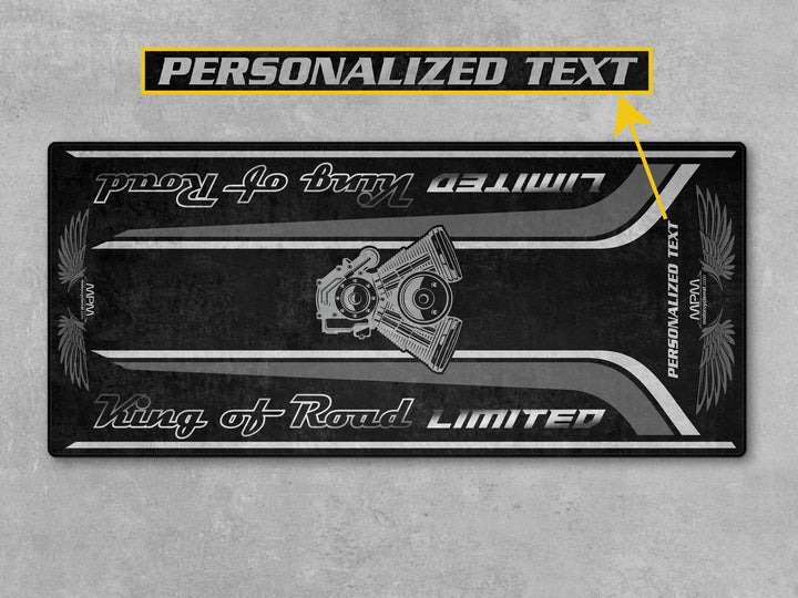 Custom pit rug for Harley Road King Limited. Protects garage floor, ideal for parking mat use or as a carpet under rider essentials and parts.
