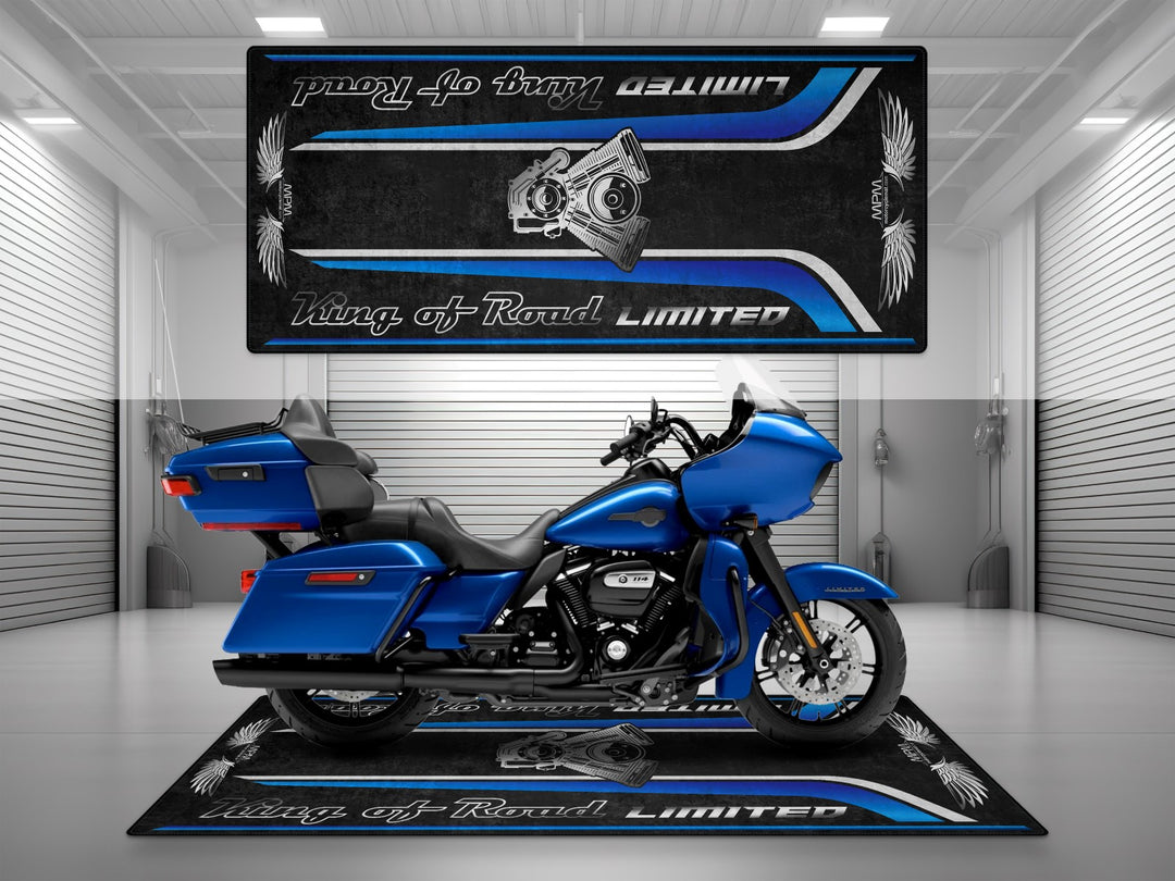 Harley-Davidson Road Glide Limited in Blue Burst. Non-slip garage parking mat and floor protector. Ideal display mat and rider gift for touring bikes.