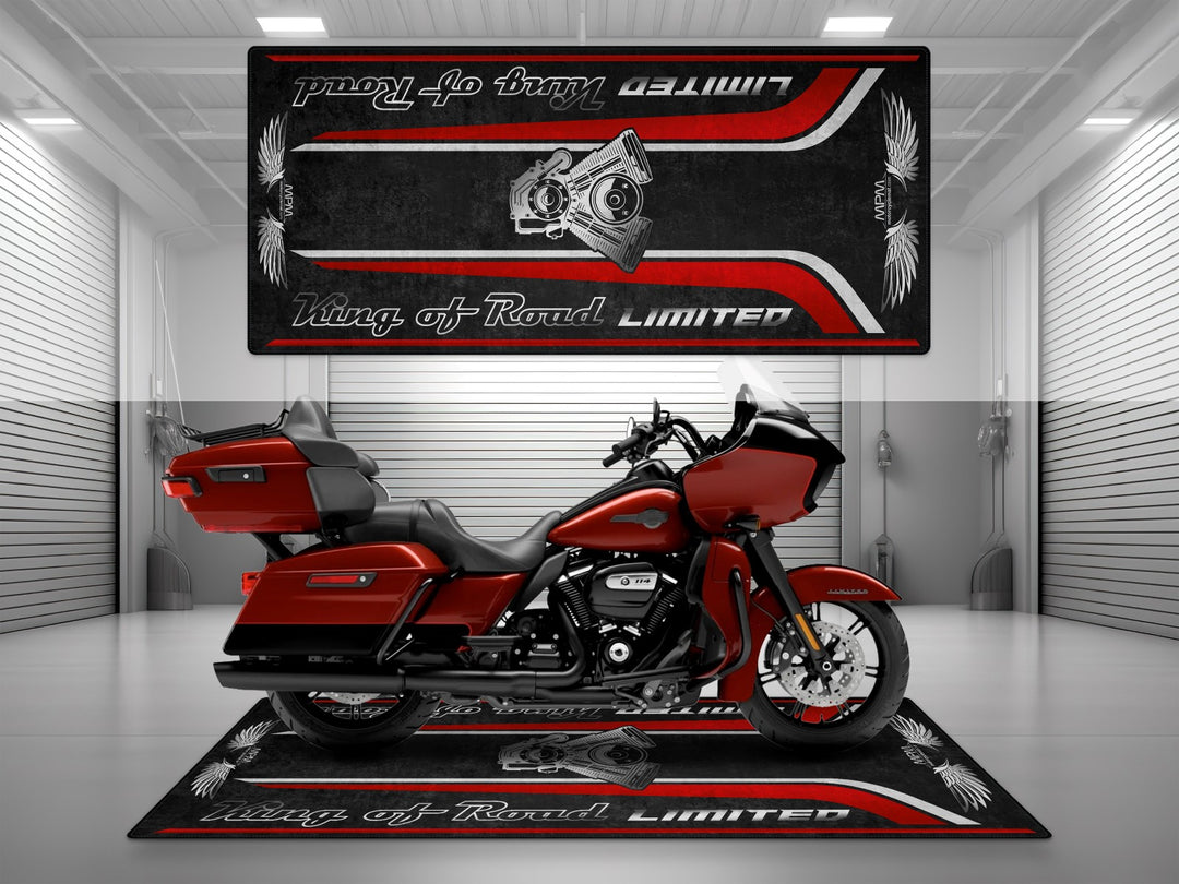 Harley-Davidson Road Glide Limited in Red Rock and Vivid Black. Non-slip parking mat and garage floor protector. Great rider gift and display mat.