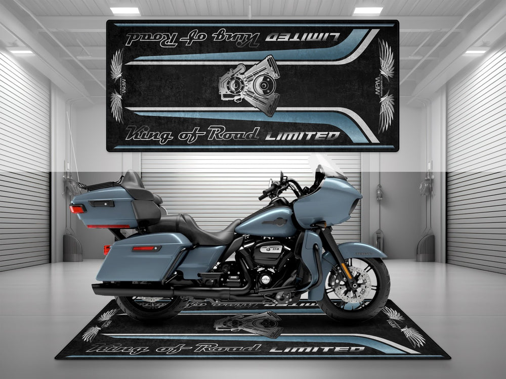 Harley-Davidson Road Glide Limited in Sharkskin Blue. Non-slip parking mat and garage floor protector. Ideal display mat and gift for motorcycle riders.