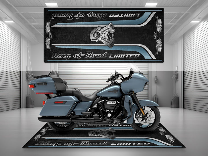 Harley-Davidson Road Glide Limited in Sharkskin Blue. Non-slip parking mat and garage floor protector. Ideal display mat and gift for motorcycle riders.