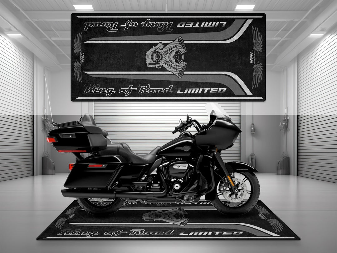 Harley-Davidson Road Glide Limited in Vivid Black. Non-slip motorcycle parking mat and garage floor protector. Perfect gift or display mat for riders.