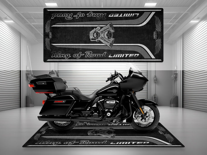 Harley-Davidson Road Glide Limited in Vivid Black. Non-slip motorcycle parking mat and garage floor protector. Perfect gift or display mat for riders.