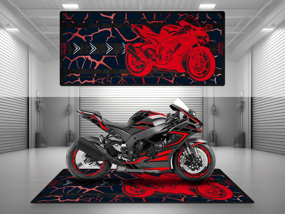 Red Kawasaki ZX-10R floor cover adds style and garage floor protection. Ideal for motorcycle display or gift.