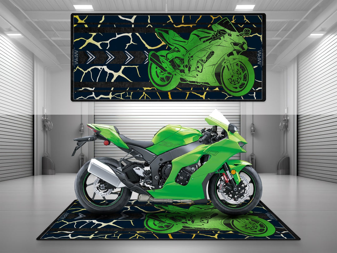 Kawasaki Ninja ZX-10R garage mat with lime green crackle style. Perfect parking mat for showroom or superbike garage.