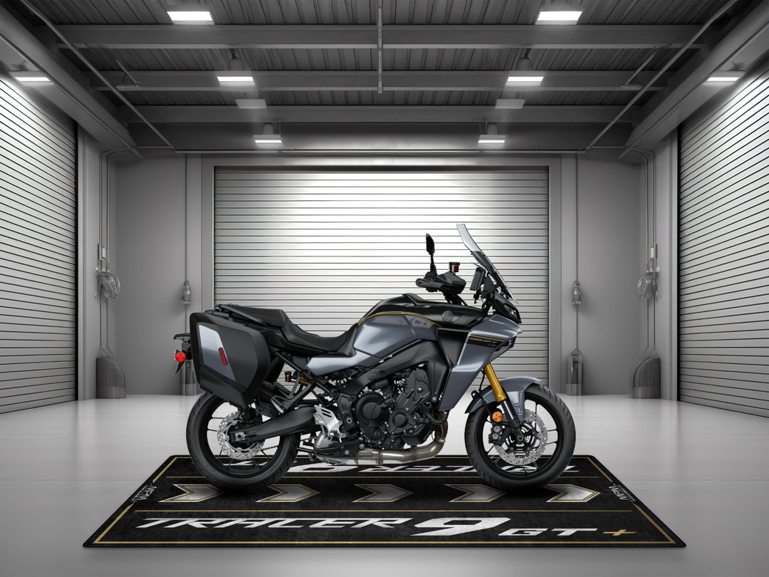 Yamaha Tracer 9 GT+ parking mat made for motorcycle gear lovers, rider essentials and racetrack-ready garage display.