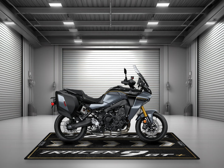 Yamaha Tracer 9 GT+ parking mat made for motorcycle gear lovers, rider essentials and racetrack-ready garage display.