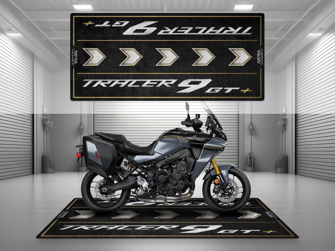 Yamaha Tracer 9 GT+ on premium garage mat, ideal pit mat for bike zone, showroom or parking mat with rugged floor cover.