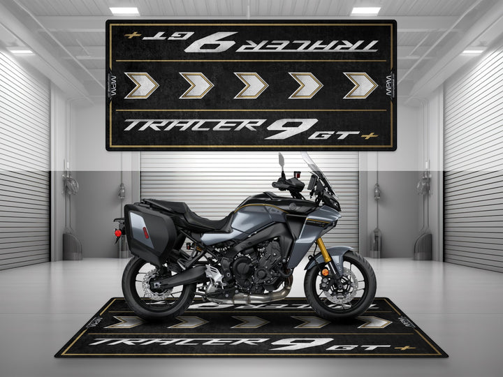 Yamaha Tracer 9 GT+ on premium garage mat, ideal pit mat for bike zone, showroom or parking mat with rugged floor cover.