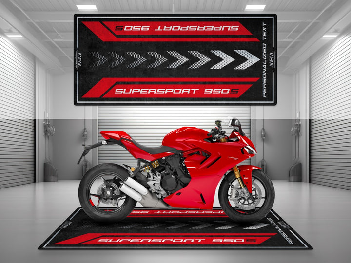 Personalized motorcycle mat for Ducati Supersport 950 S Ducati Red. A striking gift and pit mat solution for rider essentials and dual sport setup.
