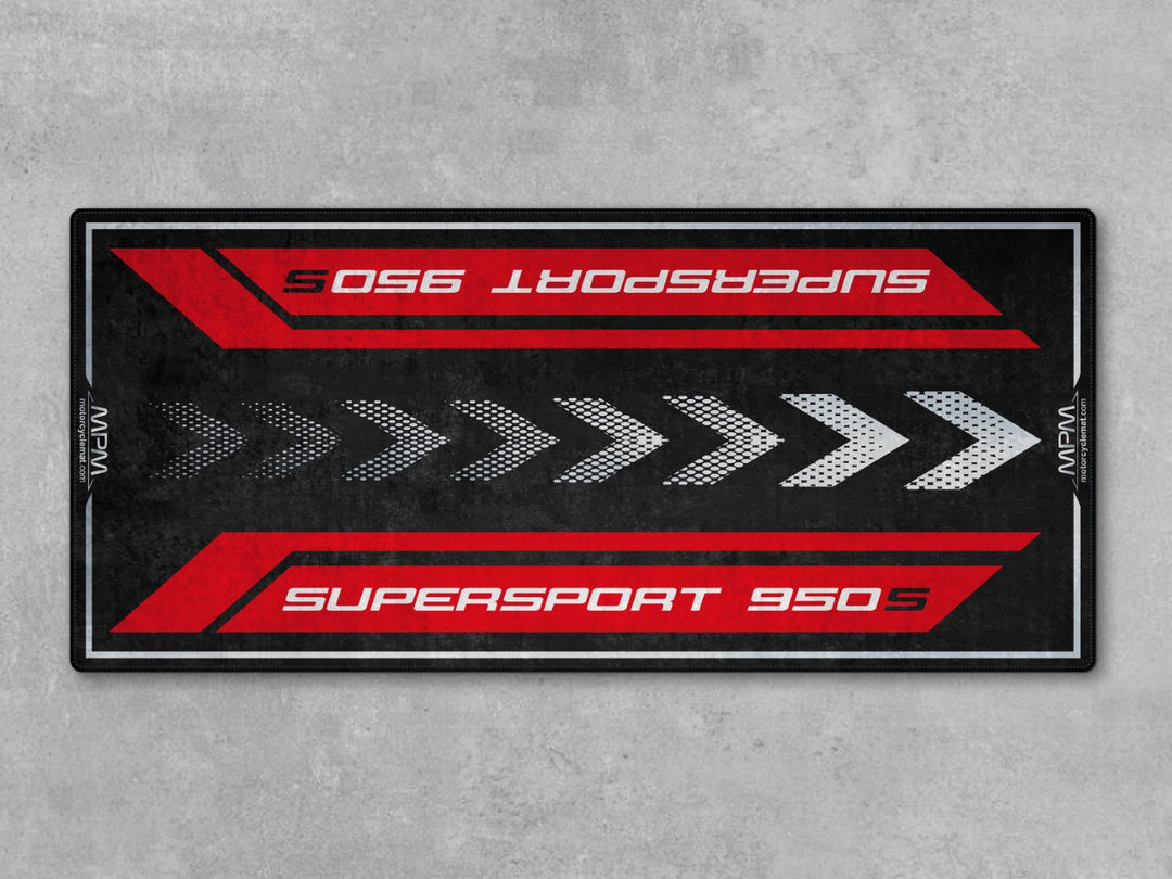 Rug and carpet setup for Ducati Red Supersport 950 S. Ideal motorcycle display and accessory for organized bike zones and superbike garages.