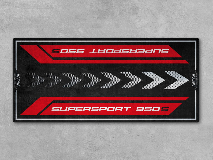 Rug and carpet setup for Ducati Red Supersport 950 S. Ideal motorcycle display and accessory for organized bike zones and superbike garages.