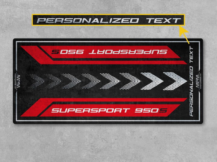 Custom pit rug for the Ducati Red Supersport 950 S. Designed for parts organization, track prep, and riders seeking bold motorcycle gear styling.
