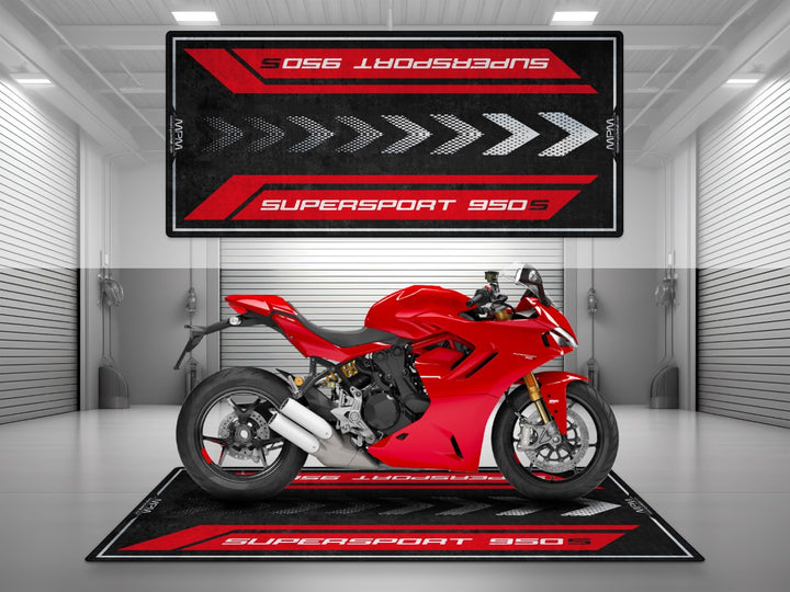 Ducati Supersport 950 S garage mat in Ducati Red. A premium parking mat and floor cover made for showroom presence and racetrack aesthetics.