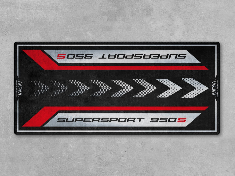 Motorcycle rug and floor cover built for the Ducati Supersport 950 S. A superbike garage essential that elevates your bike zone and motorcycle display.