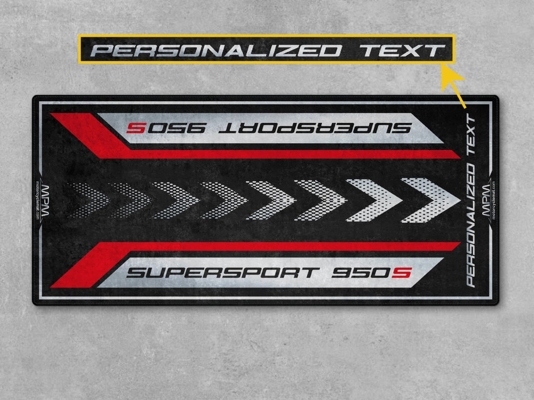 Custom pit rug designed for Ducati Supersport 950 S owners. A unique motorcycle gift and must-have accessory for riders who value performance and gear.