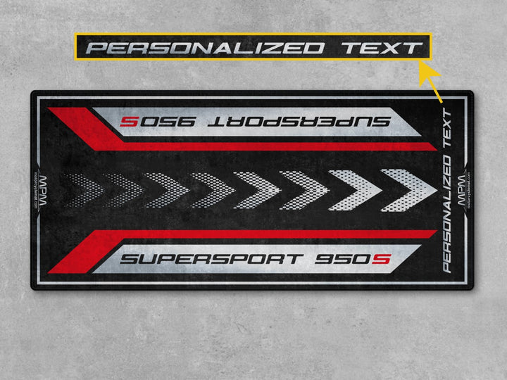 Custom pit rug designed for Ducati Supersport 950 S owners. A unique motorcycle gift and must-have accessory for riders who value performance and gear.