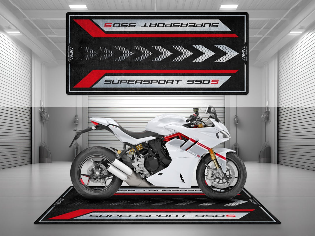 Garage mat and parking mat for Ducati Supersport 950 S Stripe Livery. Sporty stripe design, perfect for racetrack setups and stylish showroom floors.