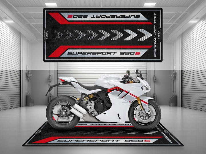 Personalized pit mat for the Ducati Supersport 950 S Stripe Livery. Ideal for dual sport setup, parts organization, and bold track prep sessions.