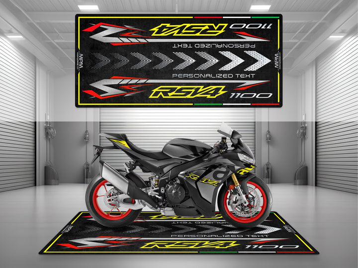Personalized garage mat for Aprilia RSV4 1100 Poison Yellow. Custom rider gift and motorcycle accessory designed to protect and showcase your bike.