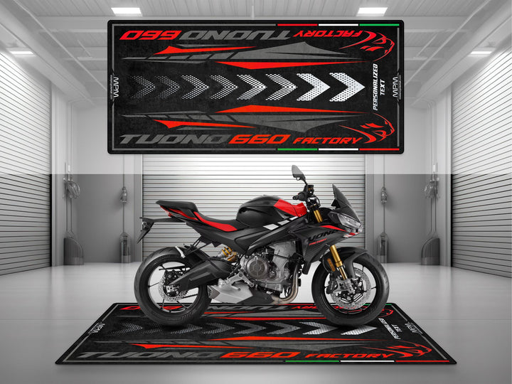Personalized parking mat for Aprilia Tuono 660 Factory Dark Banshee. Custom parts and garage mat, perfect motorcycle accessory and rider gift idea.