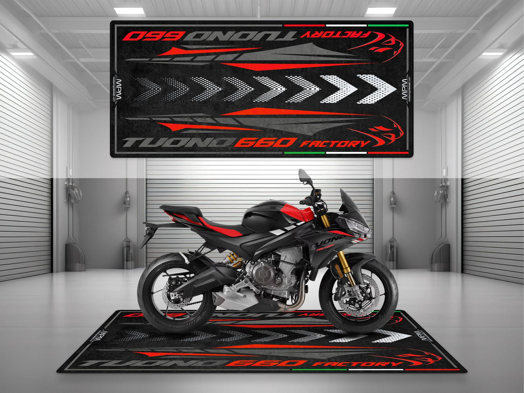 Garage and parking mat for Aprilia Tuono 660 Factory Dark Banshee. Perfect floor cover, motorcycle parts gift, and accessory for garage protection.