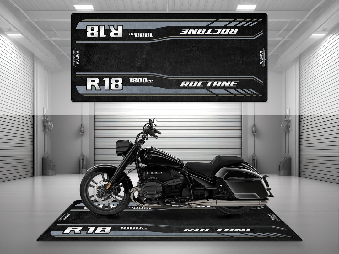 Garage mat for BMW R18 Roctane Blackstorm Metallic – Thermoplastic Rubber floor cover, perfect for showroom or racetrack use.
