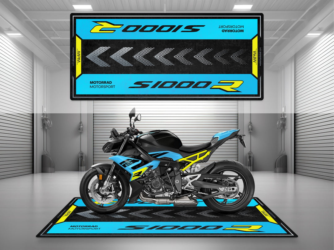Premium garage mat for BMW S1000R Sport 3 – designed for racetrack feel in your showroom or bike zone