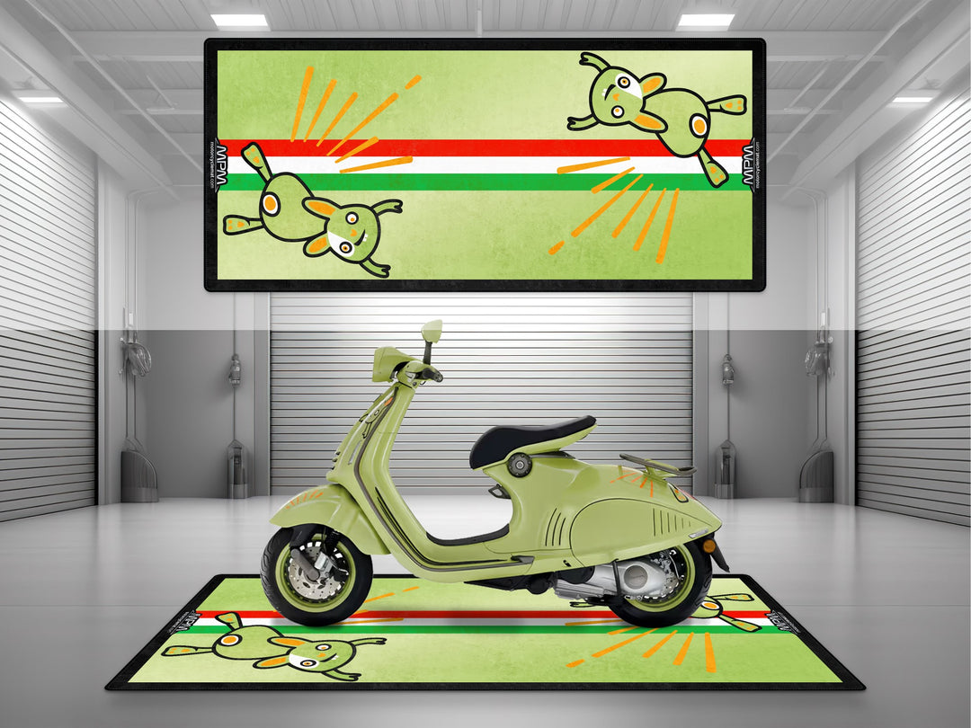Vespa Bunny garage mat with Thermoplastic Rubber. A fun floor cover and parking mat for showroom, pit mat setups, or racetrack display.