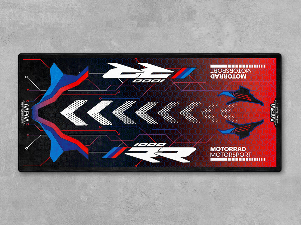 BMW M1000RR Motorsport Black-White-Blue-Red Motorcycle Garage mat, racetrack prep pit rug, motorcycle display carpet, garage floor protection.