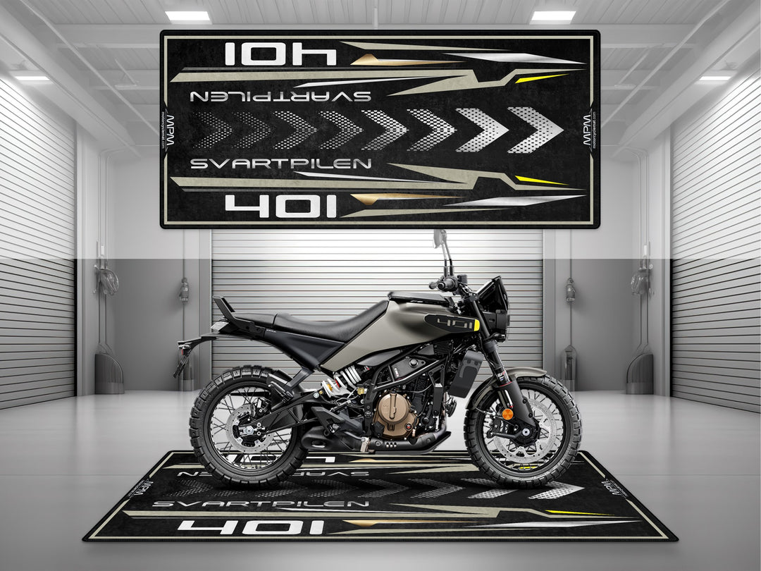 Husqvarna Svartpilen 401 Black-Grey Motorcycle Garage mat, parking mat, pit mat, showroom rug, garage floor protection.