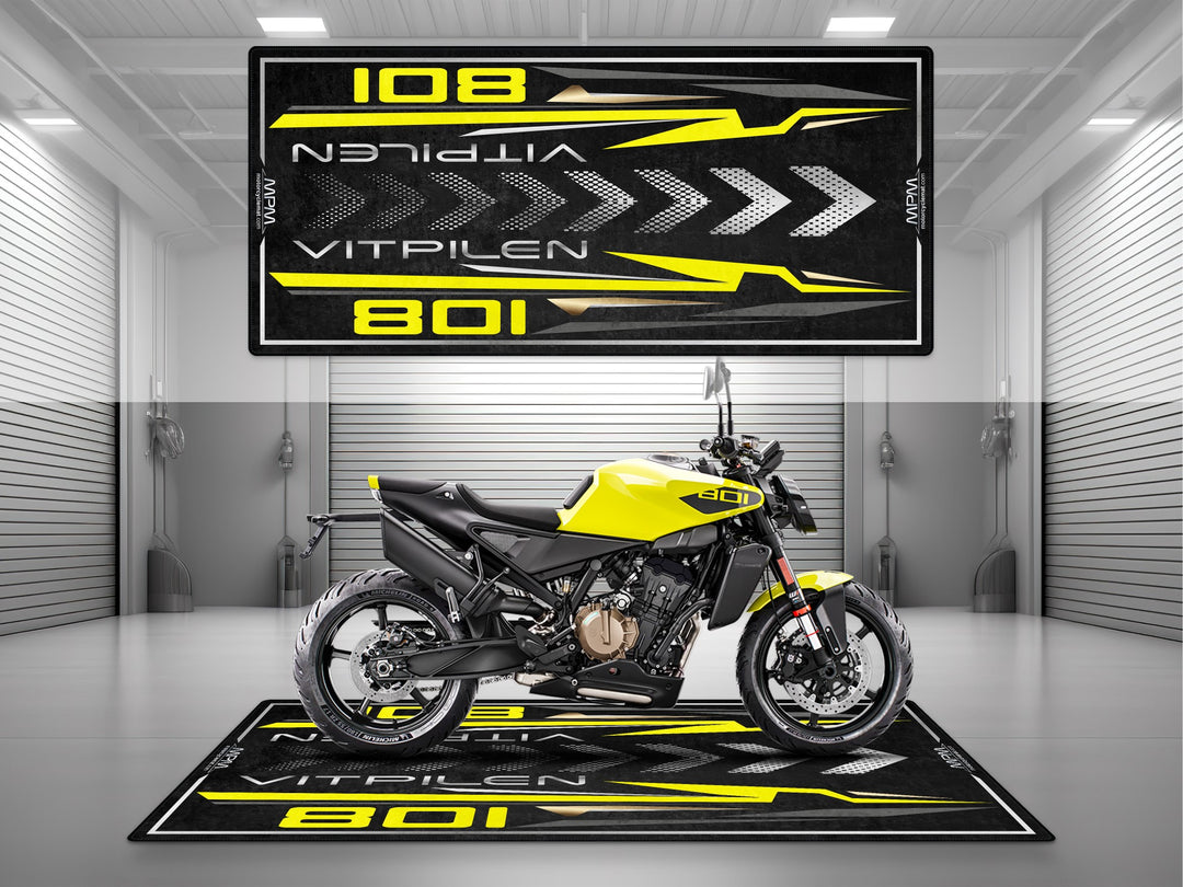 Husqvarna Vitpilen 801 Yellow-Black Motorcycle Garage mat, parking mat, pit mat, showroom rug, garage floor protection.