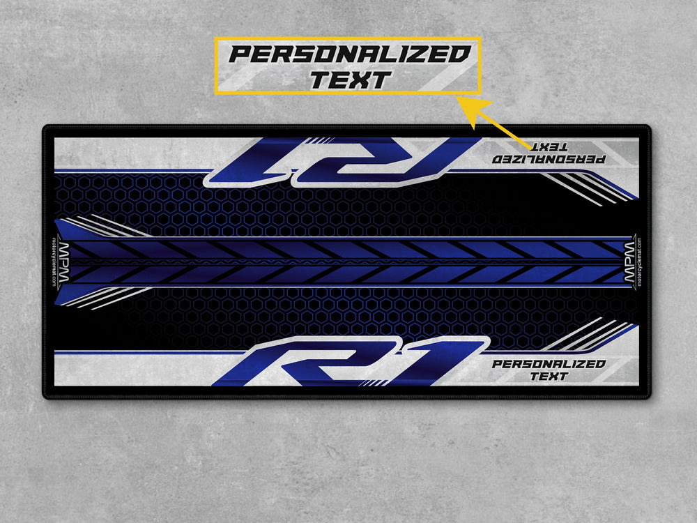 Yamaha R1 Blue Motorcycle Display mat – blue-black racing rug, perfect parking mat for superbike garage or showroom setup.