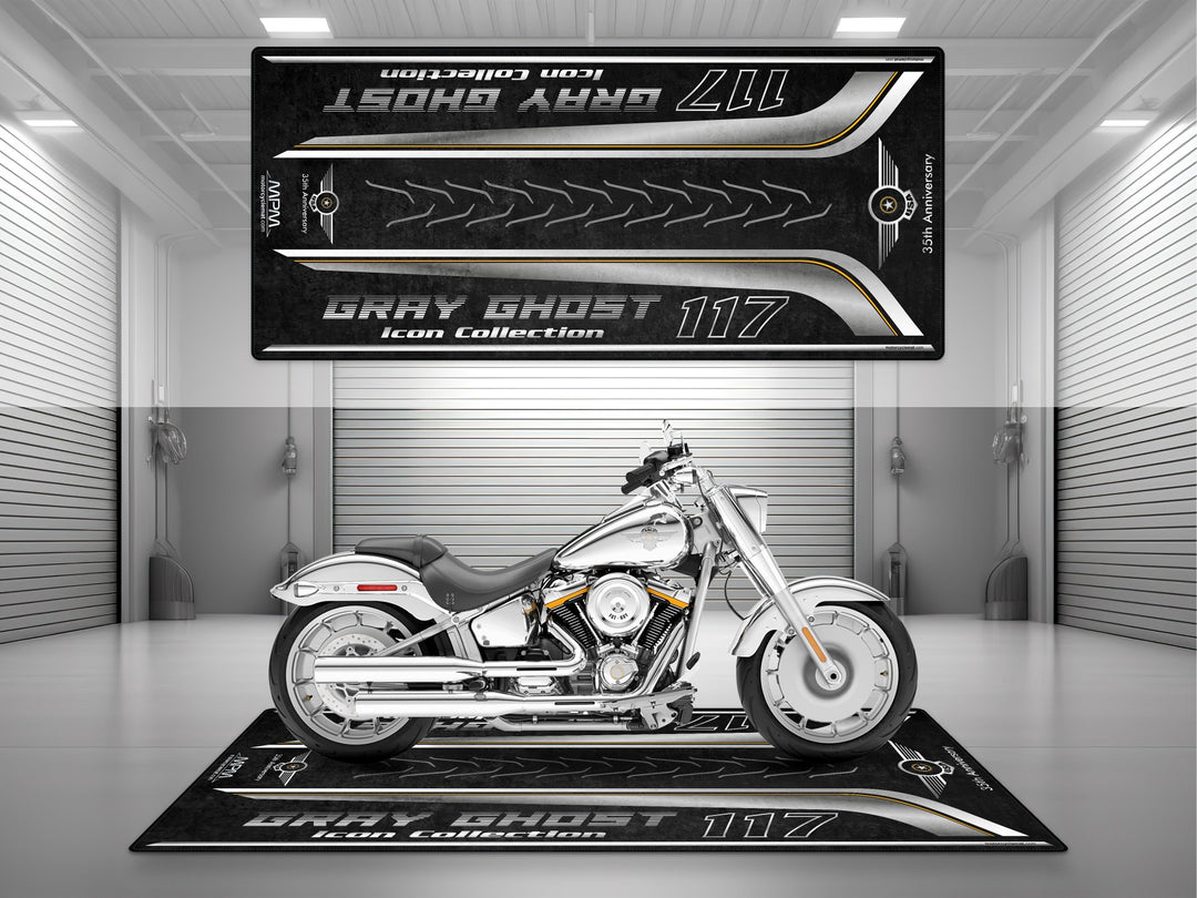 Gray Ghost 117 custom pit rug for your showroom or garage mat setup; ideal floor cover and motorcycle display.