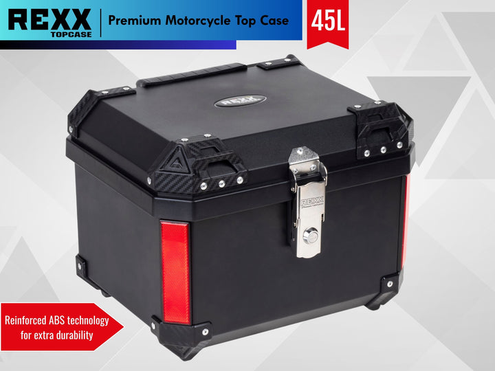 REXX Premium 45L Motorcycle Top Case – lockable waterproof luggage box with reinforced ABS for extra durability.