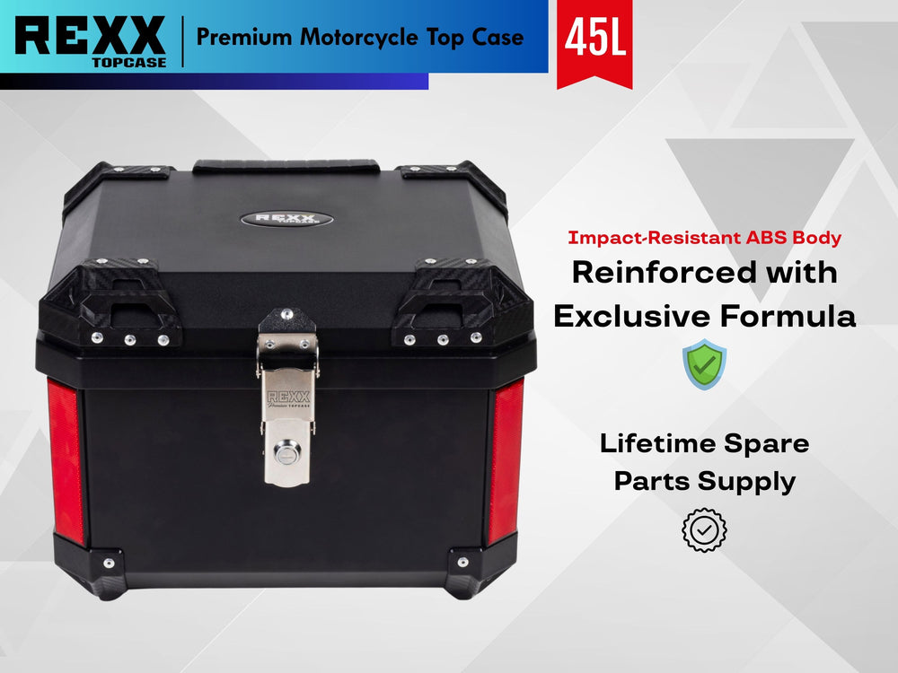 REXX 45L Motorcycle Luggage Box – premium top case for touring bikes, strong ABS shell and secure metal lock system.
