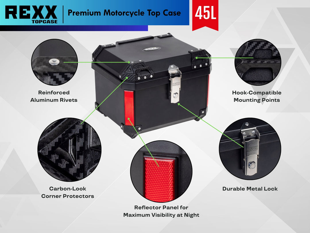 REXX 45L Motorcycle Top Case – stylish black waterproof trunk, ideal touring accessory for long-distance riders.