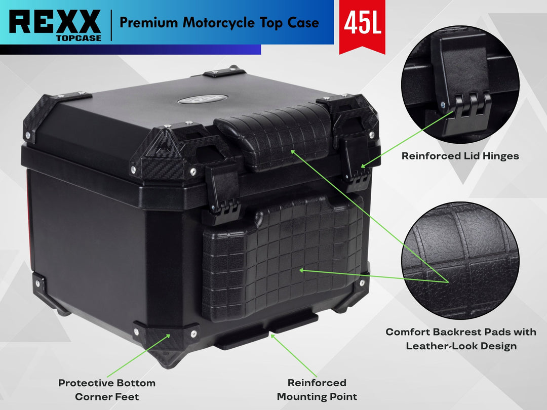 REXX Premium Motorcycle Top Case 45L – durable ABS travel box, perfect storage for helmets and rider essentials.