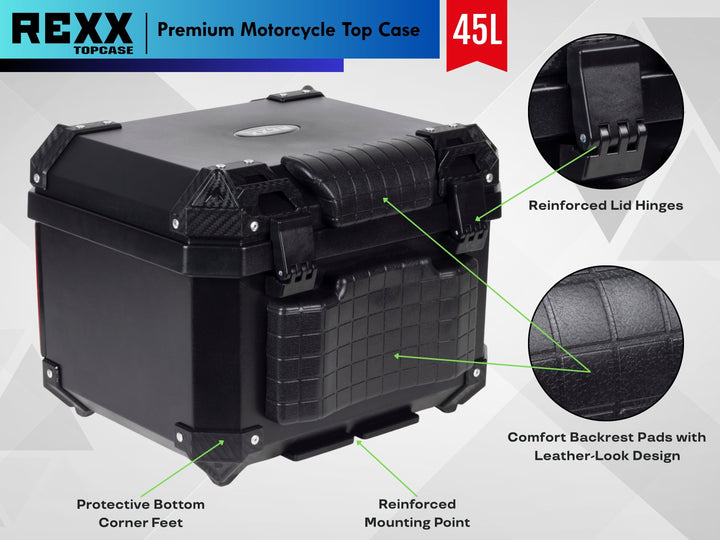 REXX Premium Motorcycle Top Case 45L – durable ABS travel box, perfect storage for helmets and rider essentials.