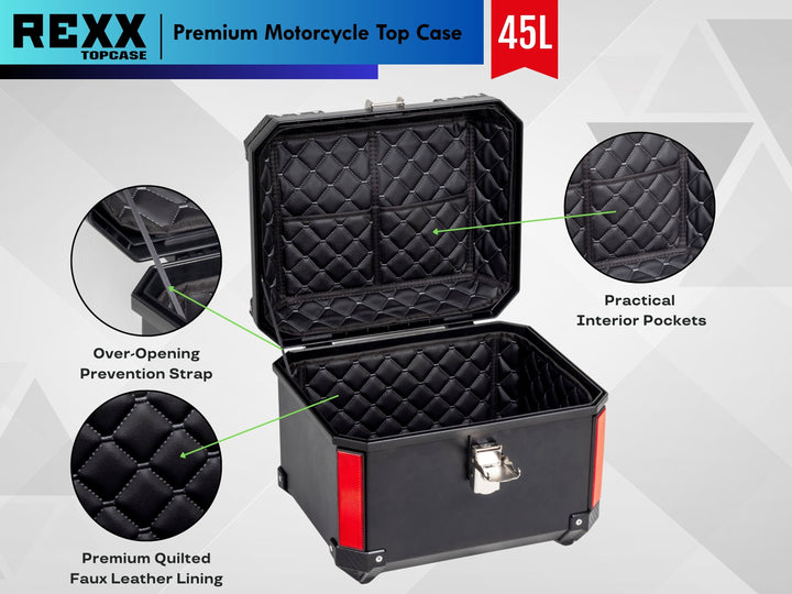 REXX 45L Motorcycle Luggage Case – heavy-duty waterproof trunk with reinforced corners, perfect for adventure touring.