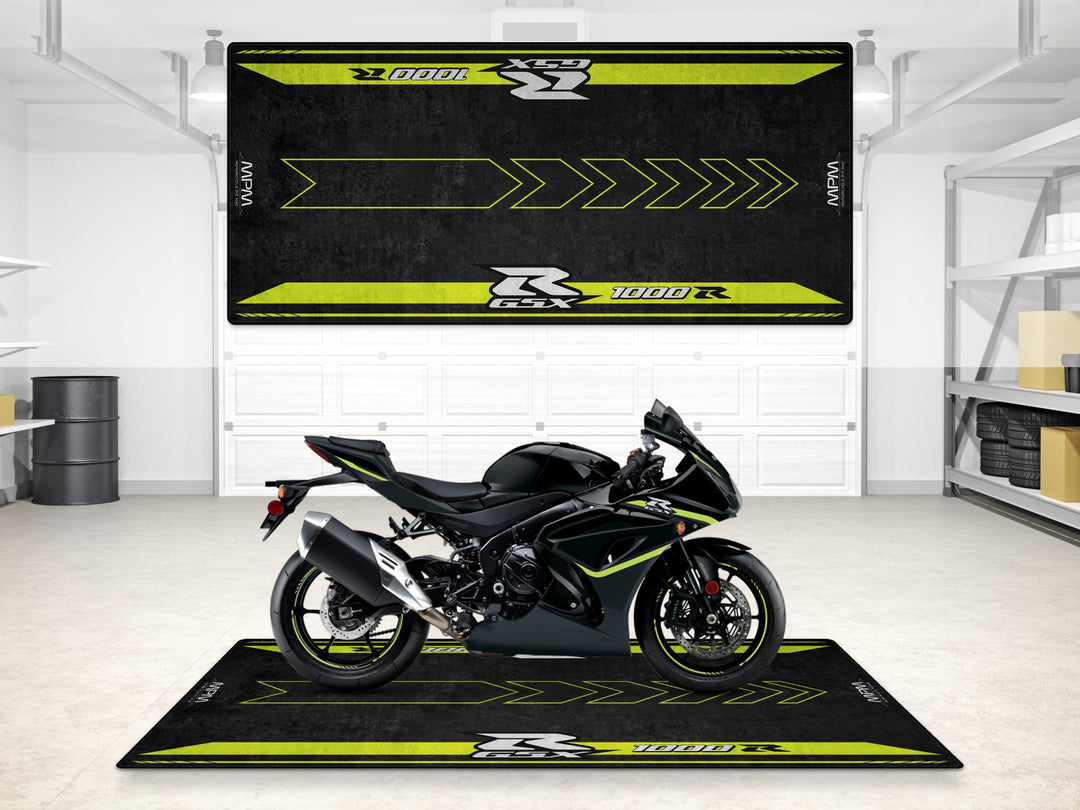 Suzuki GSX-R1000R garage mat with neon yellow accents. Thermoplastic Rubber rug ideal for floor cover and showroom display.