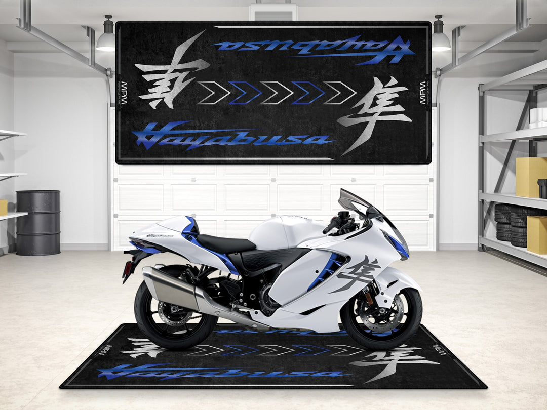 Suzuki Hayabusa Vigor Blue garage mat – premium pit mat for showroom, garage floor cover, and racetrack setup.