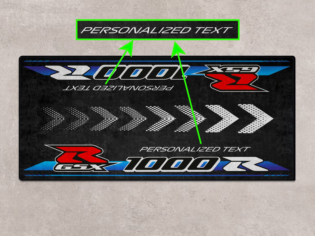 Showroom-ready GSX-R1000R display rug. Floor cover made for track prep, parts zone, and superbike garage styling.