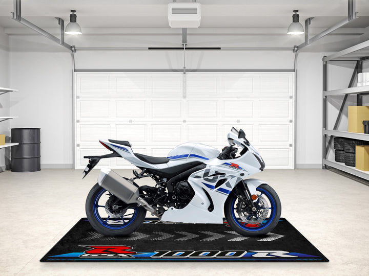 Gift-worthy motorcycle mat for GSX-R1000R fans. Thermoplastic Rubber mat for parking mat use or accessory showroom rug.