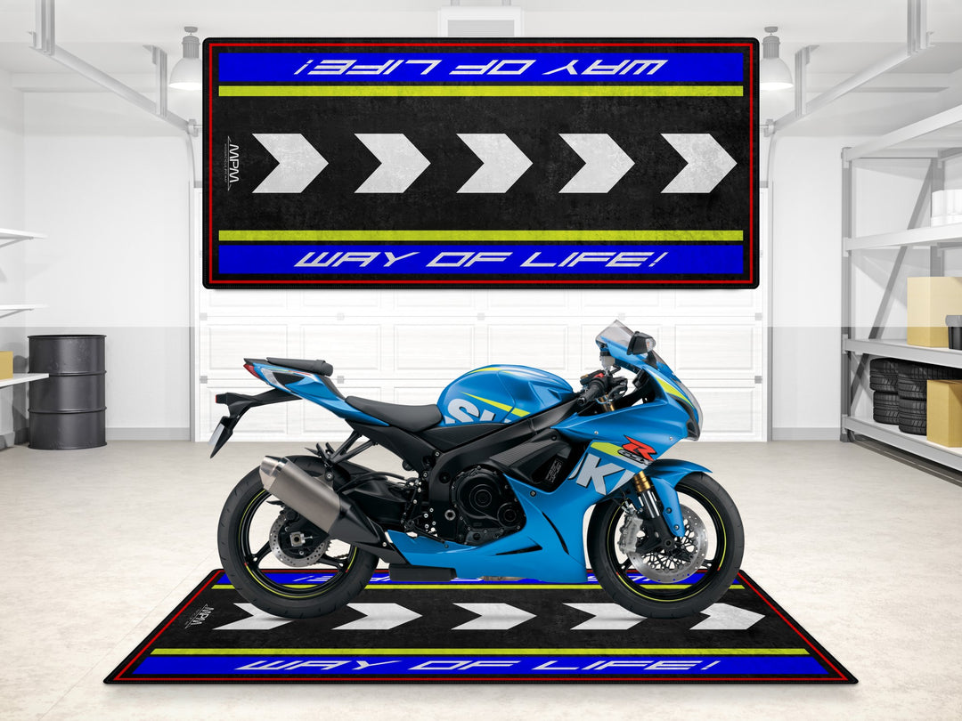 Garage mat for Suzuki GSX-R motorcycles. Racing-style parking mat with arrows for showroom, rug, or superbike garage.