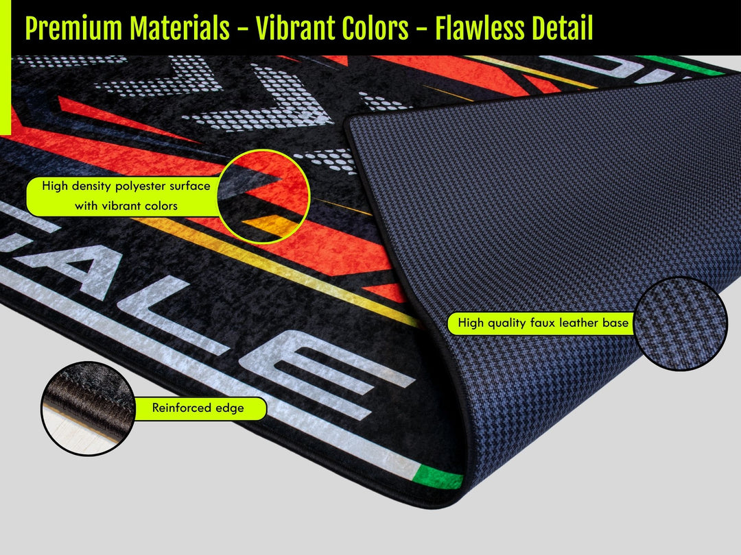 MPM Custom Works motorcycle mat – garage floor protection meets showroom style with gift-ready parts, carpet texture, and personalized rider space.
